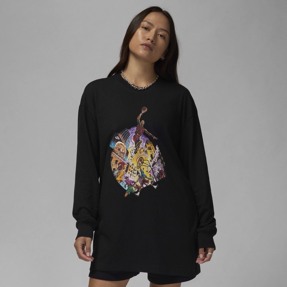 NEW Jordan Nike Women's Black Long Sleeve Oversized Retro Basketball Tee Size XS